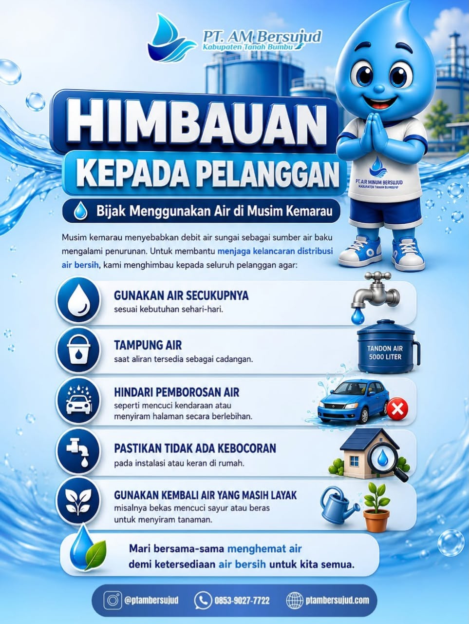 PT Air Minum Bersujud Imbau Pelanggan Bijak Menggunakan Air Selama Musim Kemarau